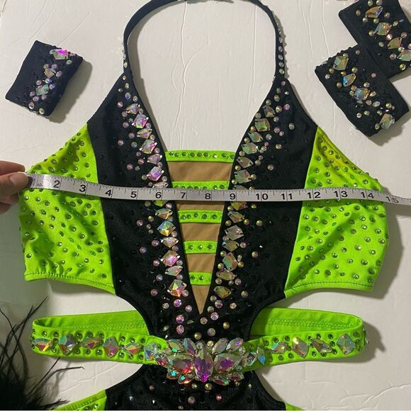 Glamour solo dance costume neon green Feather rhinestone embellished leotard MA - Picture 6 of 13